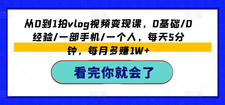 从0到1拍vlog视频变现课，0基础/0经验/一部手机/一个人，每天5分钟，每月多赚1W+-来缘阁