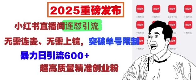 2025重磅发布：小红书直播间连怼引流，无需连麦、无需上镜，突破单号限制，暴力日引流600+-来缘阁
