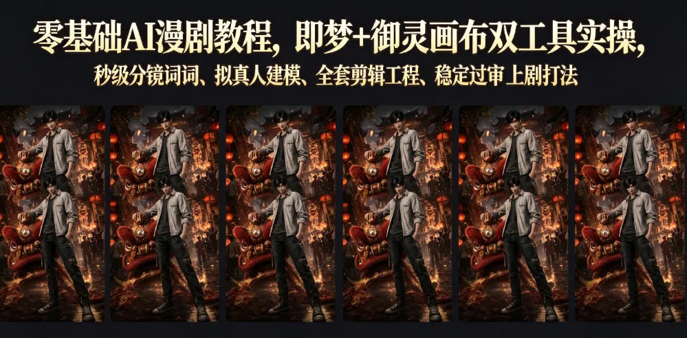 零基础AI漫剧教程，即梦+御灵画布双工具实操，秒级分镜提示词、拟真人建模、全套剪辑工程、稳定过审上剧打法-来缘阁