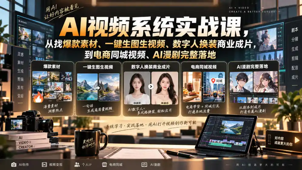 AI视频系统实战课,从找爆款素材、一键生图生视频、数字人换装商业成片,到电商同城视频、AI漫剧完整落地-来缘阁