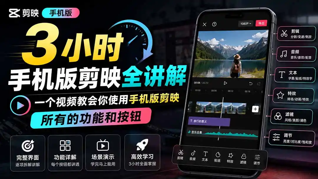 3小时手机版剪映全讲解，一个视频教会你使用手机版剪映，所有的功能和按钮-来缘阁