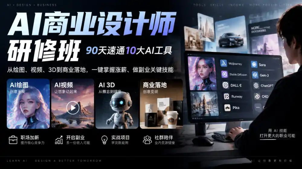 AI商业设计师研修班，90天速通10大AI工具，从绘图、视频、3D到商业落地，一键掌握涨薪、做副业关键技能-来缘阁
