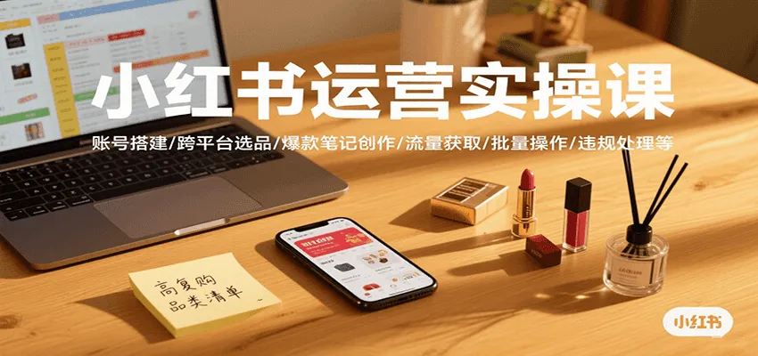 小红书运营实操课，账号搭建/跨平台选品/爆款笔记创作/流量获取/批量操作/违规处理等-来缘阁