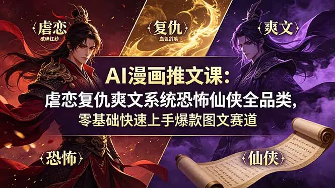 AI漫画推文课：虐恋复仇爽文系统恐怖仙侠全品类，零基础快速上手爆款图文赛道-来缘阁
