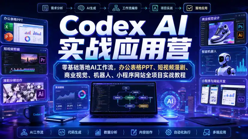 Codex AI实战应用营|零基础落地AI工作流,办公表格PPT、短视频漫剧、商业视觉、机器人、小程序网站全项目实战教程-来缘阁