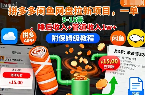 拼多多闲鱼网盘拉新项目，一单5-15米，睡后收入+管道收入1w+(附保姆级教程)-来缘阁