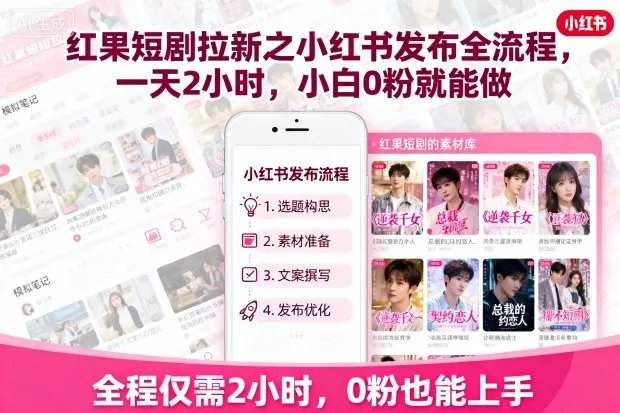 红果短剧拉新之小红书发布全流程，一天2小时，小白0粉就能做-来缘阁