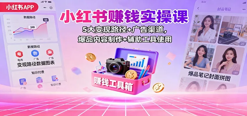 小红书赚钱实操课：5大变现路径+广告渠道，爆品内容制作+辅助工具使用-来缘阁