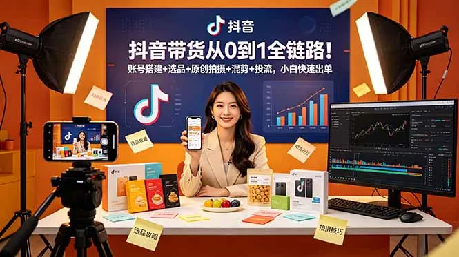 抖音带货从0到1全链路！账号搭建+选品+原创拍摄+混剪+投流，小白快速出单-来缘阁