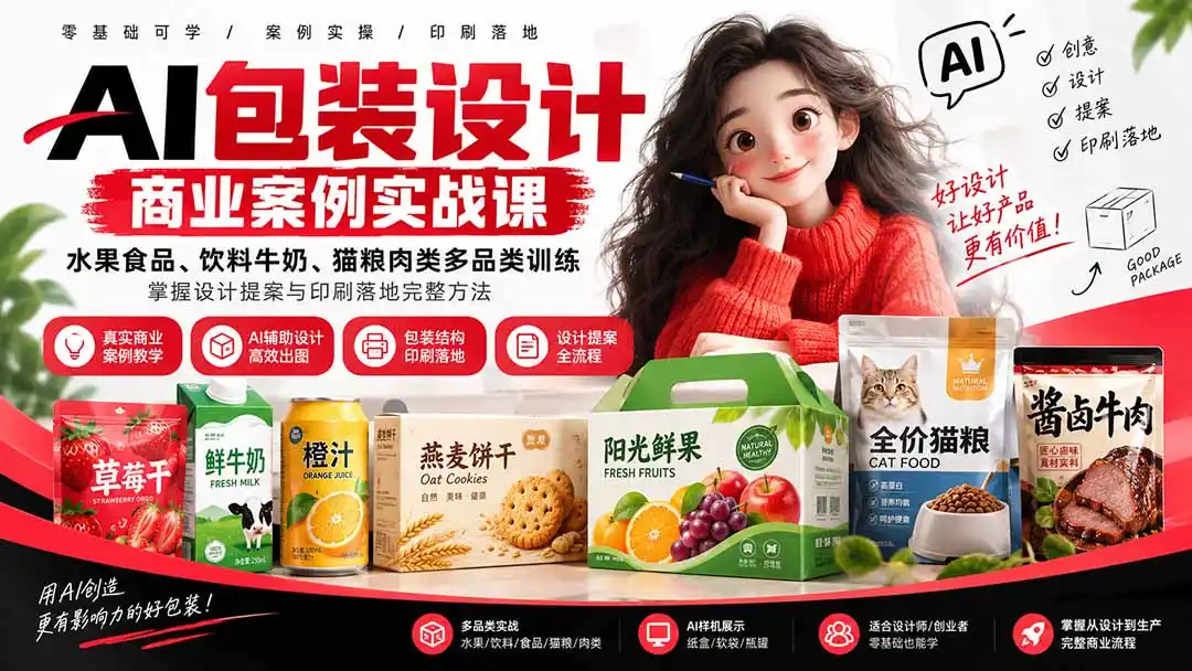 AI包装设计商业案例实战课:水果食品、饮料牛奶、猫粮肉类多品类训练,掌握设计提案与印刷落地完整方法-来缘阁