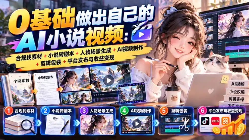 0基础做出自己的AI小说视频:合规找素材+小说转剧本+人物场景生成+AI视频制作+剪辑包装+平台发布与收益变现-来缘阁