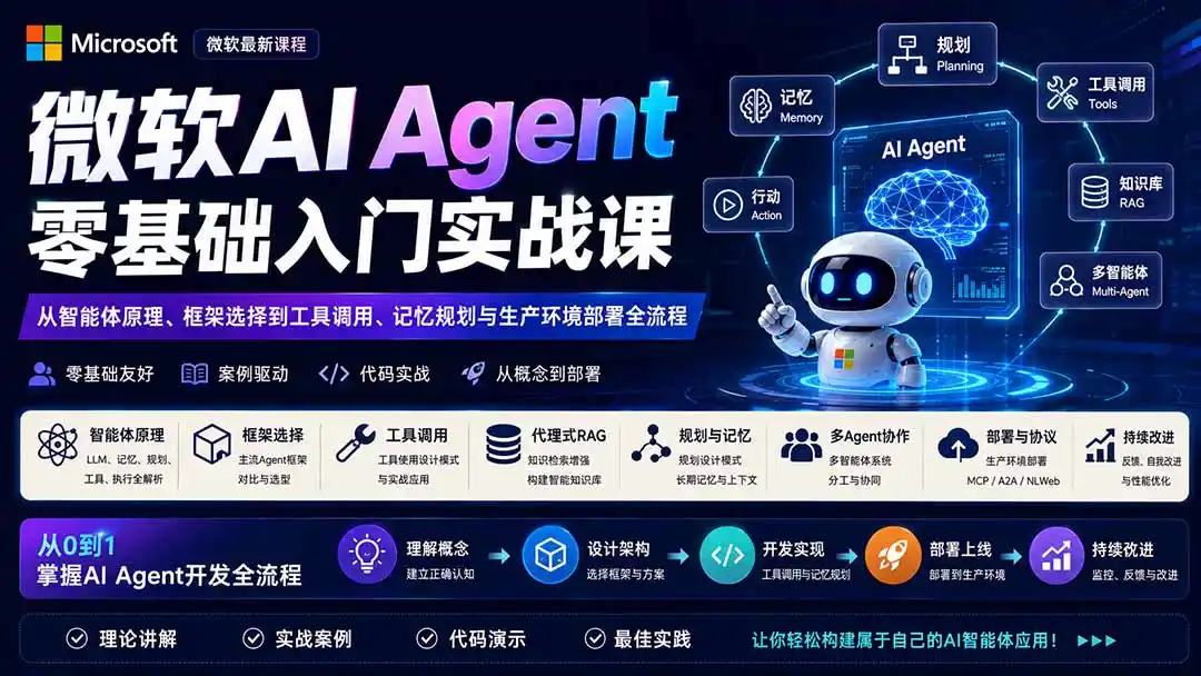 微软AI Agent零基础入门实战课：从智能体原理、框架选择到工具调用、记忆规划与生产环境部署全流程-来缘阁