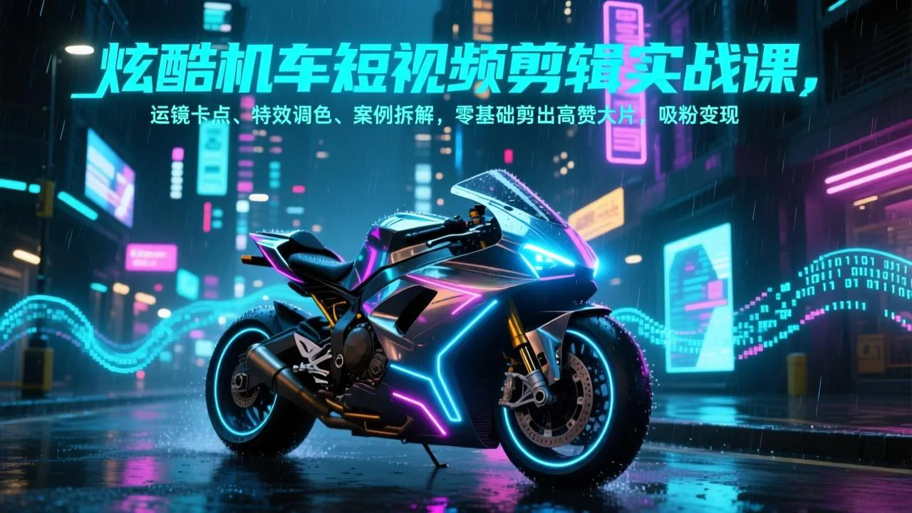 炫酷机车短视频剪辑实战课，运镜卡点、特效调色、案例拆解，零基础剪出高赞大片，吸粉变现-来缘阁