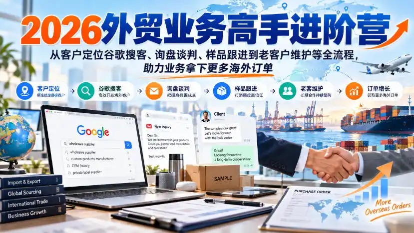 2026外贸业务高手进阶营，从客户定位谷歌搜客、询盘谈判、样品跟进到老客户维护等全流程，助力业务拿下更多海外订单-来缘阁
