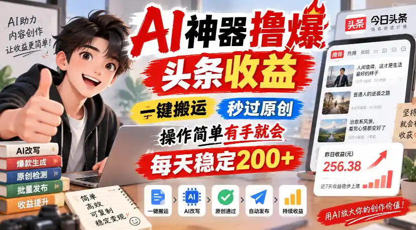 AI神器撸爆头条收益，一键搬运，秒过原创，操作简单有手就会，每天稳定200+【揭秘】-来缘阁
