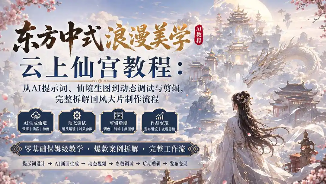 东方中式浪漫美学云上仙宫教程：从AI提示词、仙境生图到动态调试与剪辑，完整拆解国风大片制作流程-来缘阁
