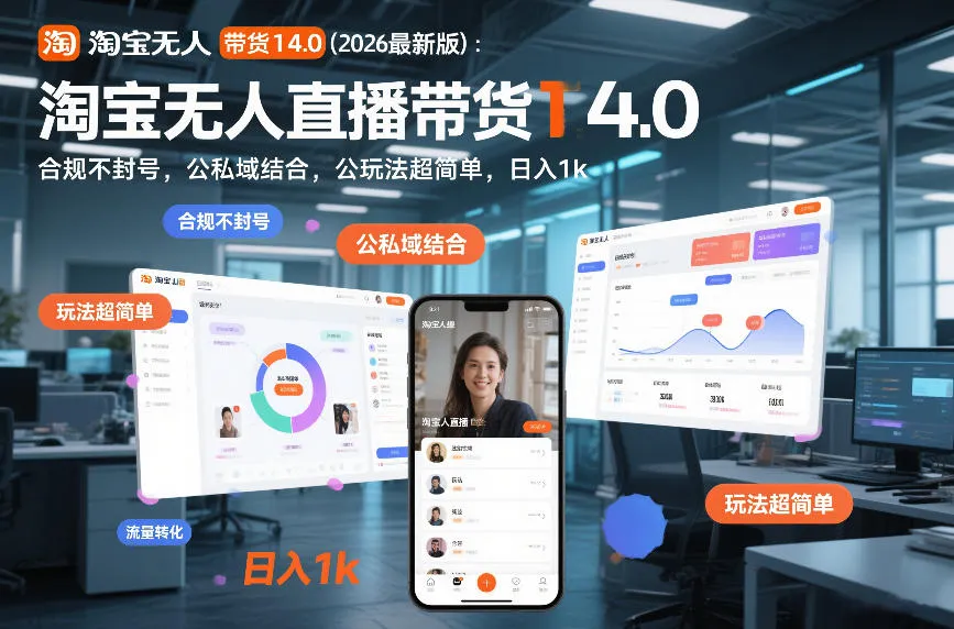 淘宝无人直播带货14.0(2026最新版)：合规不封号，公私域结合，玩法超简单，日入1k+【揭秘】-来缘阁