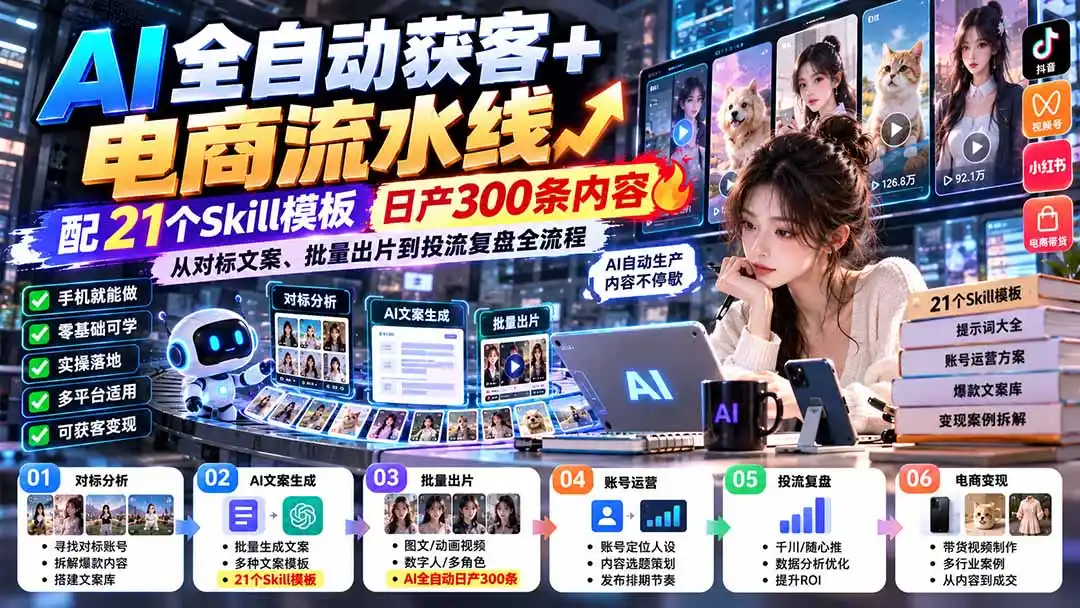 【无水印】AI全自动获客+电商流水线：配21个Skill模板，日产300条内容，从对标文案、批量出片到投流复盘全流程-来缘阁