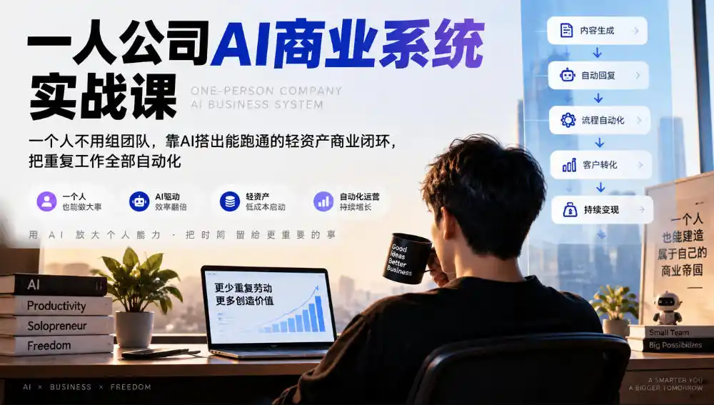 一人公司AI商业系统实战课，一个人不用组团队，靠AI搭出能跑通的轻资产商业闭环，把重复工作全部自动化-来缘阁