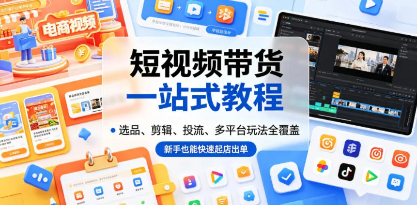 短视频带货一站式教程，选品、剪辑、投流、多平台玩法全覆盖，新手也能快速起店出单-来缘阁