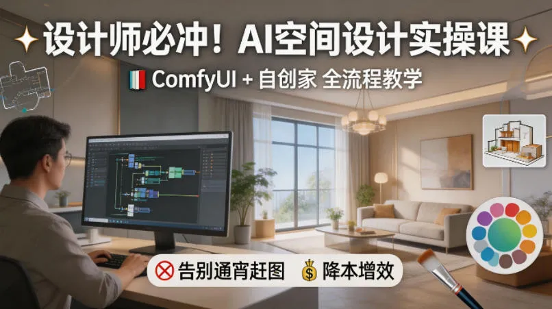 设计师必冲！AI空间设计实操课，ComfyUI+自创家全教学，告别通宵赶图，降本增效-来缘阁