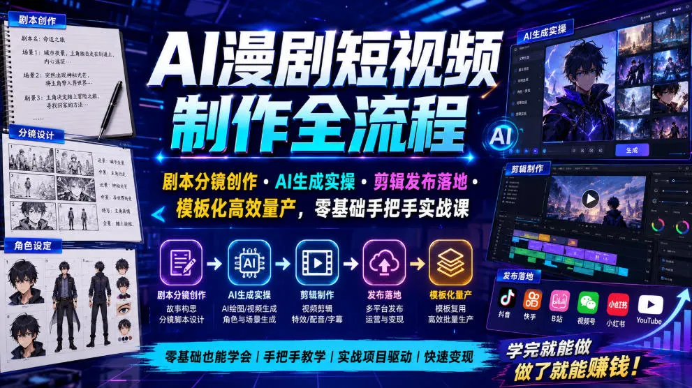 AI漫剧短视频制作全流程|剧本分镜创作・AI生成实操・剪辑发布落地・模板化高效量产,零基础手把手实战课-来缘阁
