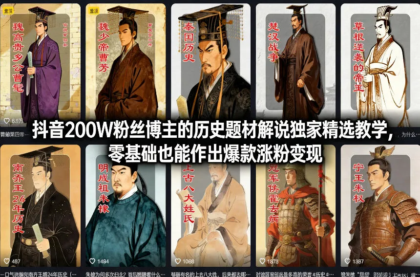 抖音200W粉丝博主的历史题材解说独家精选教学,零基础也能作出爆款涨粉变现-来缘阁