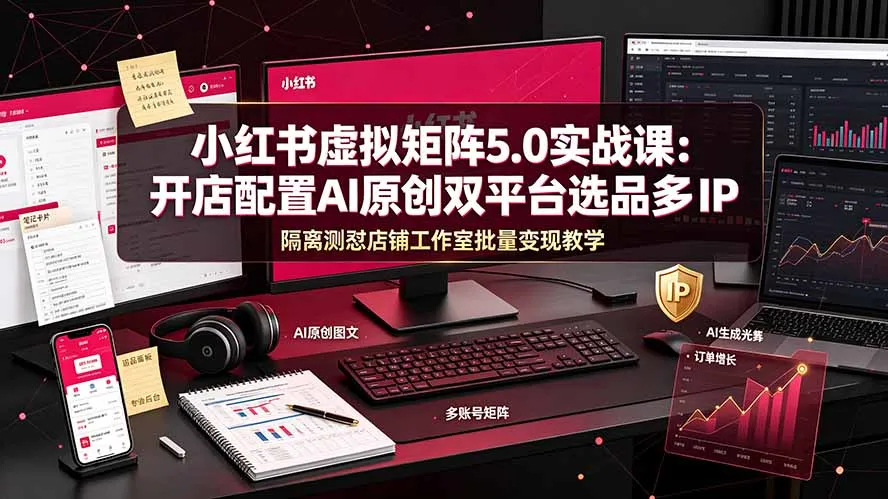 小红书虚拟矩阵5.0实战课：开店配置｜AI原创｜双平台选品｜多IP隔离｜测怼店铺工作室批量变现实操教学-来缘阁
