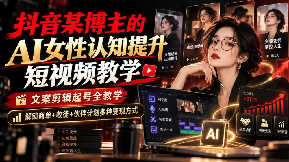 抖音某博主的Ai女性认知提升短视频教学,文案剪辑起号全教学,解锁商单+收徒+伙伴计划多种变现方式-来缘阁