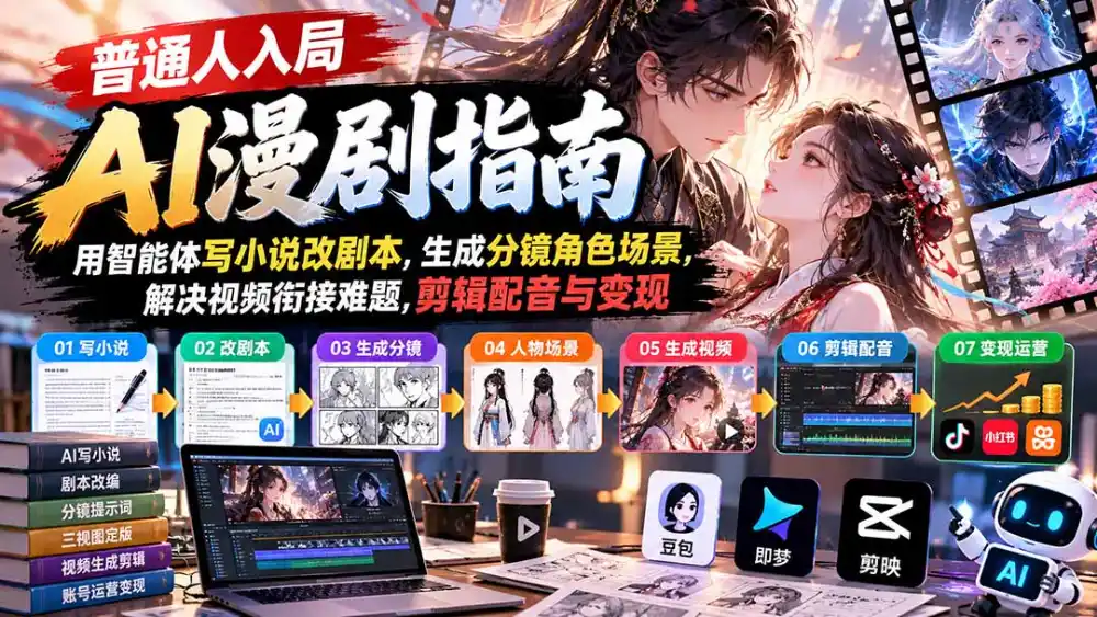 【无水印】普通人入局AI漫剧指南：用智能体写小说改剧本，生成分镜角色场景，解决视频衔接难题，剪辑配音与变现-来缘阁