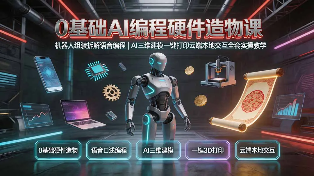 0基础AI编程硬件造物课｜机器人组装拆解语音编程，AI三维建模一键打印云端本地交互全套实操教学-来缘阁