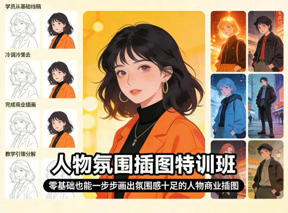 人物氛围插图特训班，零基础也能一步步画出氛围感十足的人物商业插图-来缘阁