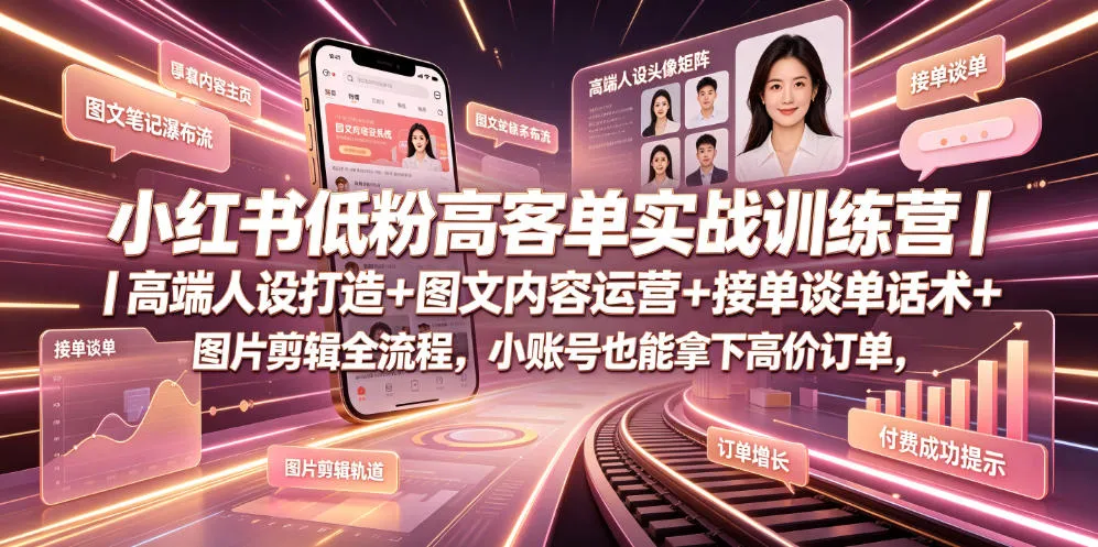 小红书低粉高客单实战训练营｜高端人设打造+图文内容运营+接单谈单话术+图片剪辑全流程，小账号也能拿下高价订单-来缘阁