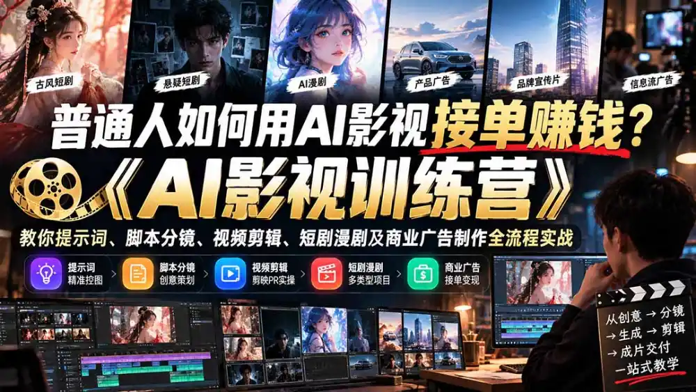普通人如何用AI影视接单赚钱？《AI影视训练营》教你提示词、脚本分镜、视频剪辑、短剧漫剧及商业广告制作全流程实战-来缘阁