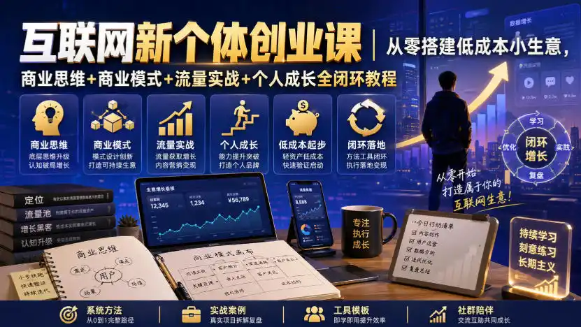 互联网新个体创业课|从零搭建低成本小生意,商业思维+商业模式+流量实战+个人成长全闭环教程-来缘阁