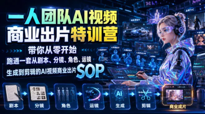 一人团队AI视频商业出片实战课：带你从零开始跑通一套从剧本、分镜、角色、运镜、生成到剪辑的AI视频商业出片SOP-来缘阁