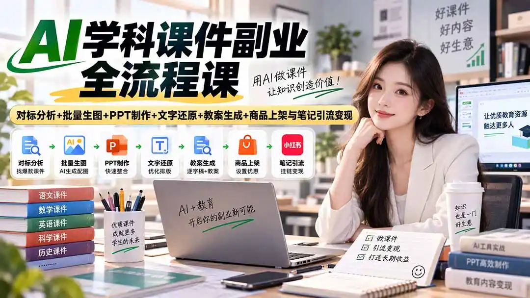 AI学科课件副业全流程课｜对标分析+批量生图+PPT制作+文字还原+教案生成+商品上架与笔记引流变现-来缘阁