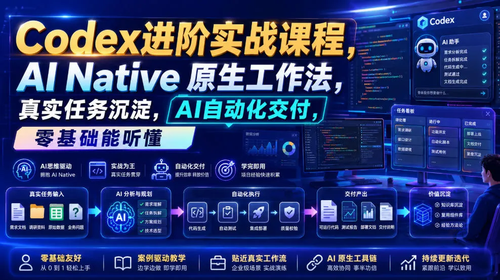 Codex进阶实战课｜AI Native原生工作法，22节真实任务落地，从配置到AI自动化交付全链路教程-来缘阁