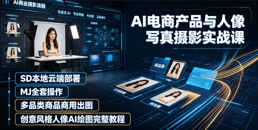 AI电商产品与人像写真摄影实战课|SD本地云端部署、MJ全套操作、多品类商品商用出图、创意风格人像AI绘图完整教程-来缘阁