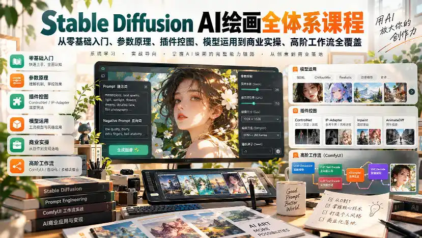 【无水印】Stable Diffusion AI绘画全体系课程,从零基础入门、参数原理、插件控图、模型运用到商业实操、高阶工作流全覆盖-来缘阁