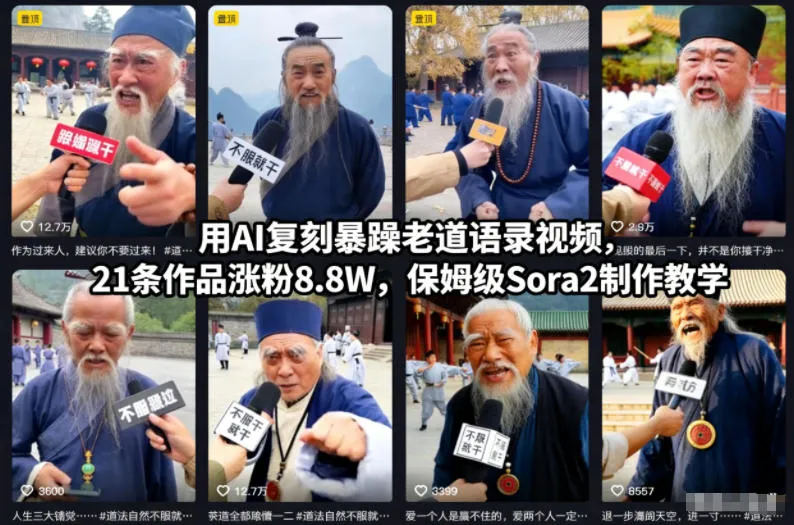 用AI复刻暴躁老道语录视频，21条作品涨粉8.8W，保姆级Sora2制作教学-来缘阁