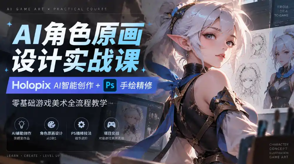 AI角色原画设计实战课|Holopix AI智能创作+PS手绘精修,零基础游戏美术全流程教学-来缘阁