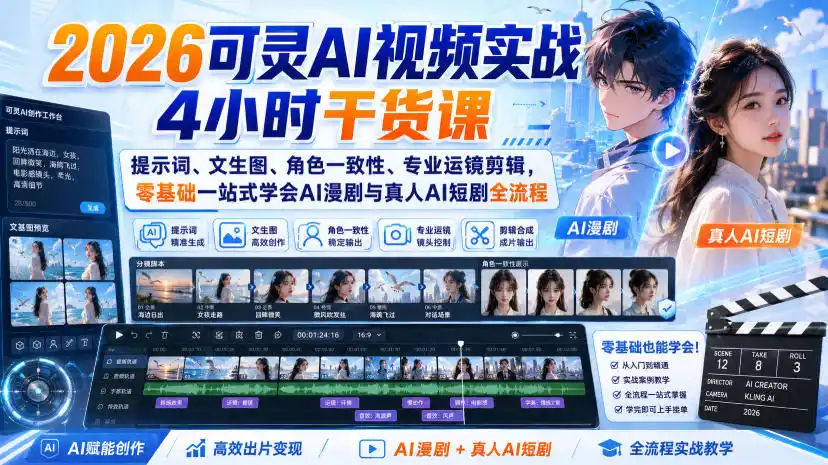 2026可灵AI视频实战4小时干货课｜提示词、文生图、角色一致性、专业运镜剪辑，零基础一站式学会AI漫剧与真人AI短剧全流程-来缘阁
