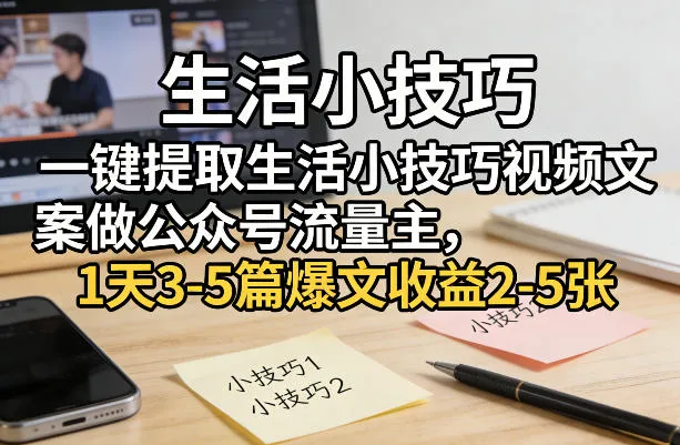 一键提取生活小技巧视频文案做公众号流量主,1天3-5篇爆文收益2-5张-来缘阁