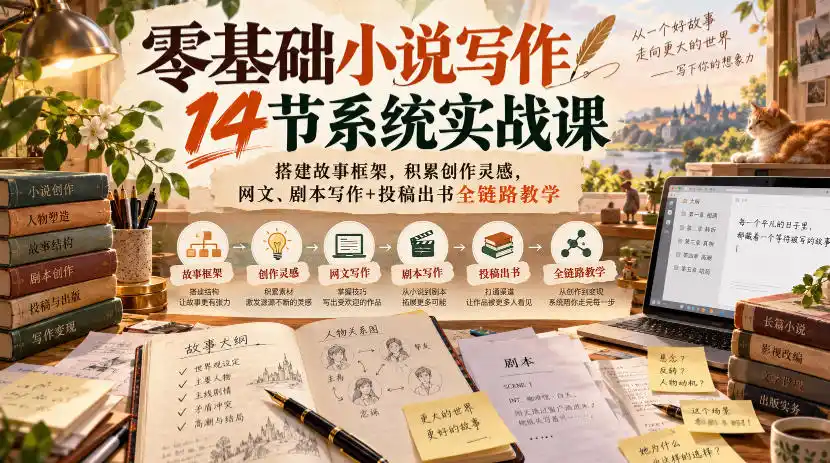 零基础小说写作14节系统实战课,搭建故事框架,积累创作灵感,网文、剧本写作+投稿出书全链路教学-来缘阁