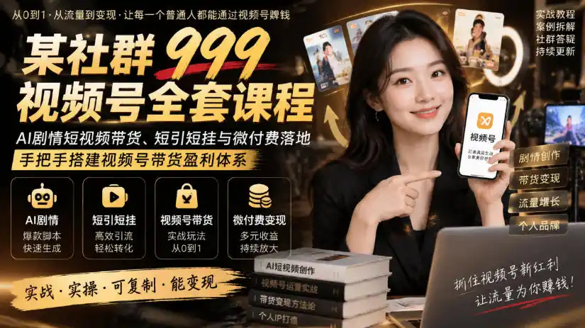 某社群999视频号全套课程，AI剧情短视频带货、短引短挂与微付费落地，手把手搭建视频号带货盈利体系-来缘阁