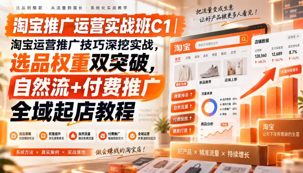 淘宝推广运营实战班C1|淘宝运营推广技巧深挖实战,选品权重双突破,自然流+付费推广全域起店教程-来缘阁