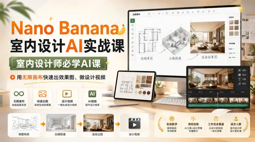 Nano Banana室内设计AI实战课，室内设计师必学AI课，用无限画布快速出效果图、做设计视频-来缘阁