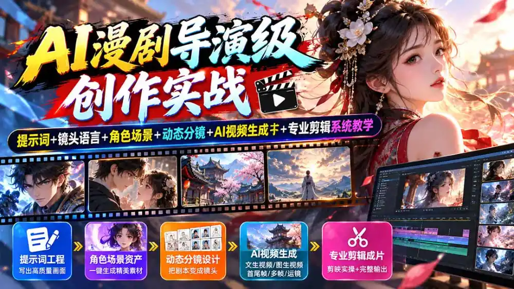 AI漫剧导演级创作实战：提示词+镜头语言+角色场景+动态分镜+AI视频生成+专业剪辑系统教学-来缘阁