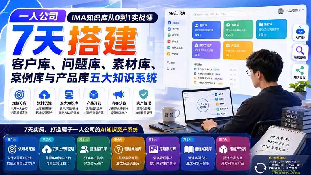 一人公司IMA知识库从0到1实战课：7天搭建客户库、问题库、素材库、案例库与产品库五大知识系统-来缘阁